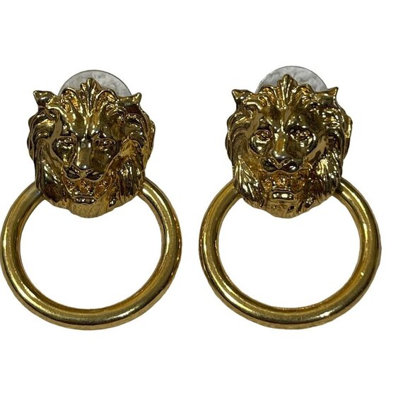 VTG Gold Tone Lion Door Knocker Earrings Post Pierced Statement - Picture 2 of 5